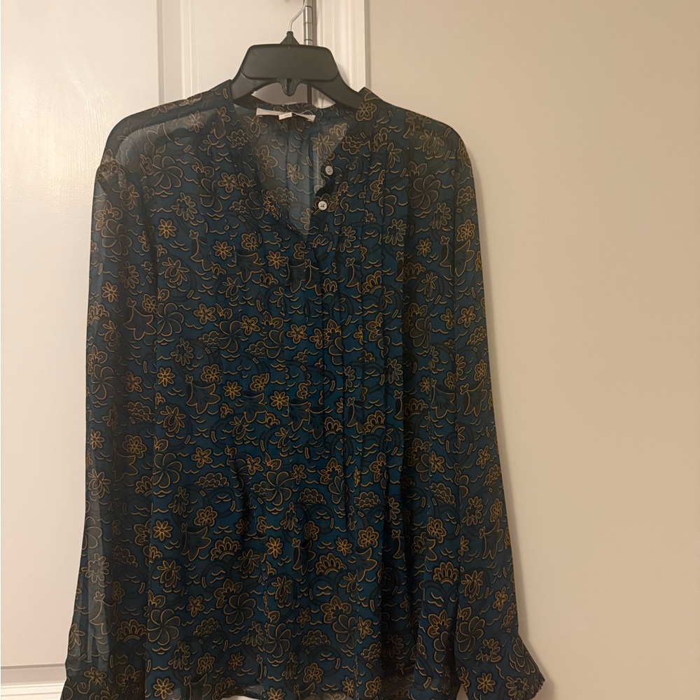 LOFT Teal Floral Sheer Button-Front Blouse